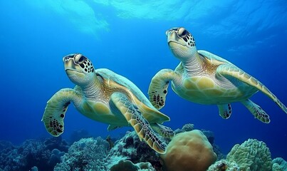 Obraz premium green sea turtles (Chelonia mydas) swimming along the coral