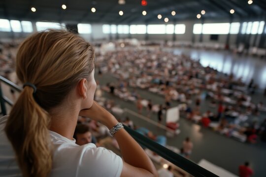 A woman with a ponytail observes a vast crowd in a large indoor venue from a higher perspective, capturing the scale and collective presence at the event.