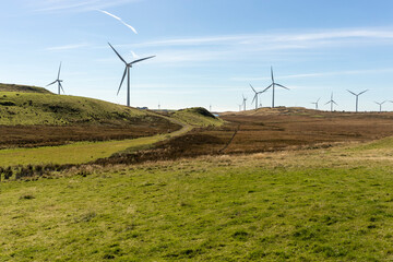 Renewable green energy wind farm with many turbines near freshwater reservoir lake on wild grassy...