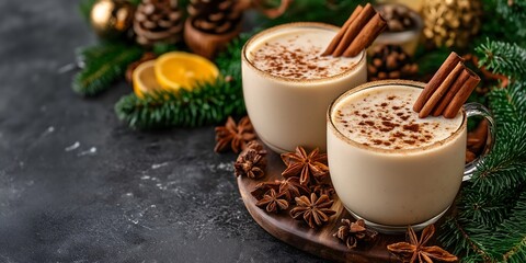 Creamy eggnogs garnished with cinnamon sticks and nutmeg sprinkles for Christmas celebration, print for Xmas, winter holidays and National Eggnog Day
