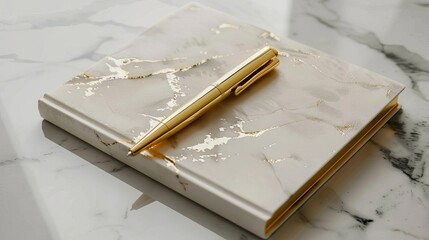 Flat lay of luxurious notebook and goldplated pen, premium quality, high resolution, rich textures, sophisticated design, photorealistic quality, elegant aesthetic