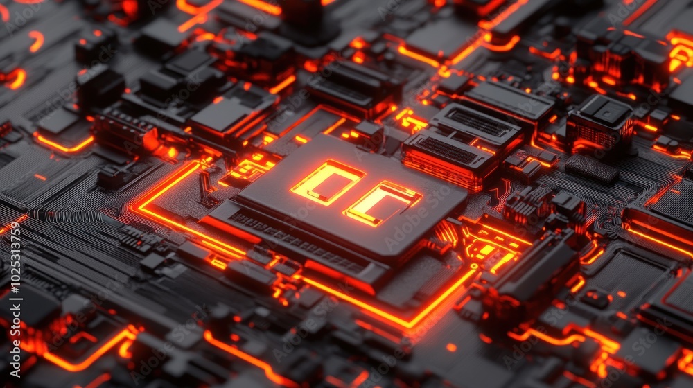 Aufkleber close-up of a futuristic circuit board with glowing orange lines