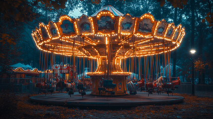 An abandoned carnival at night, with broken rides, eerie clowns, and a ghostly figure standing near a flickering carousel.