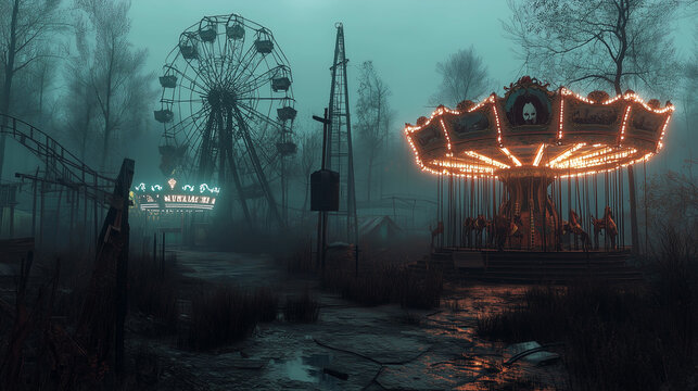 An abandoned carnival at night, with broken rides, eerie clowns, and a ghostly figure standing near a flickering carousel.