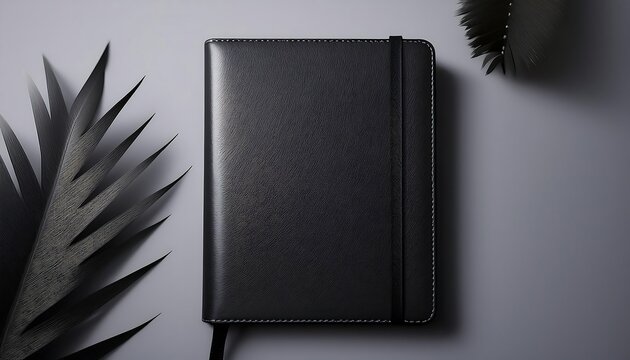 Close up of a black leather notebook mockup on a light grey background with decorative foliage accents. Generative AI