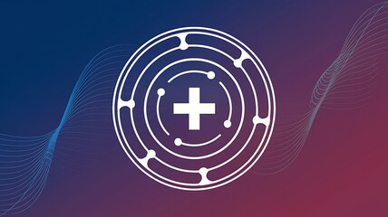White medical cross inside a circle on a blue and red background. Modern healthcare technology concept. 
