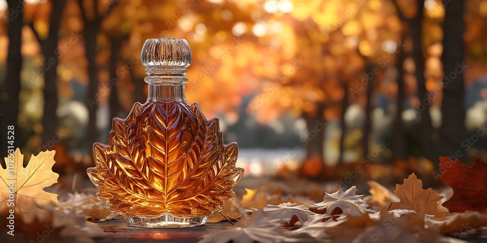 Wall mural Close-up of maple syrup shaped like an autumn leaf, captures the beauty of nature in a colorful fall outdoor setting, food print for National Maple Syrup