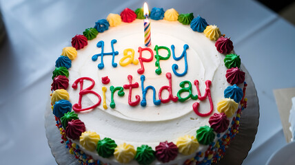 Naklejka premium Birthday Cake with Colorful Icing and a Single Candle, White and Red, Festive Celebration, Joy and Happiness. 