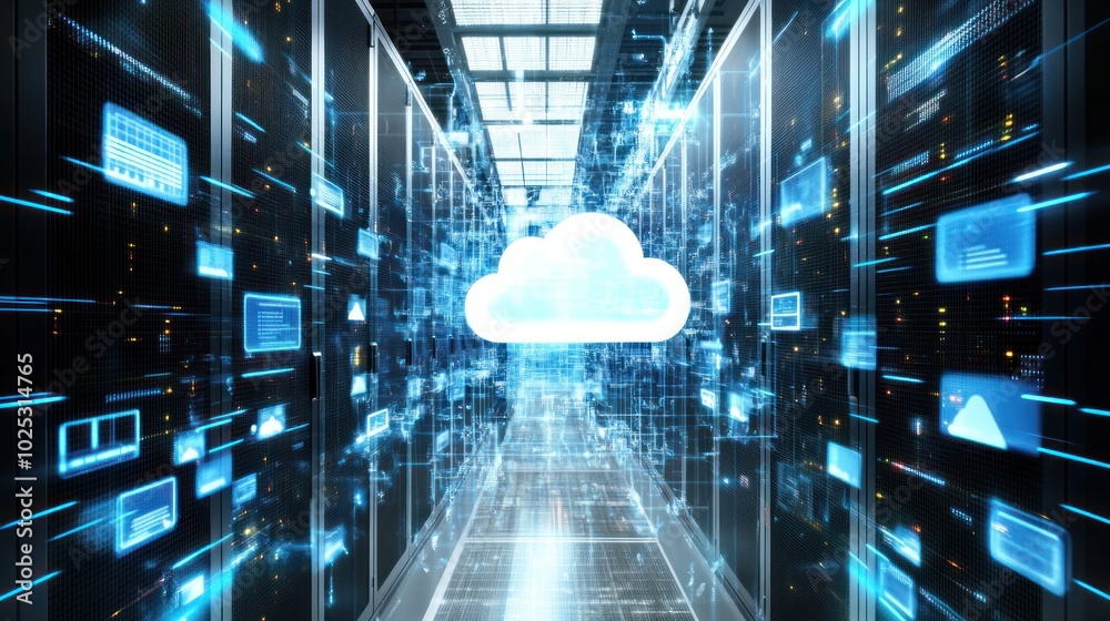 Poster Cloud Computing Server Room with Digital Data Flow