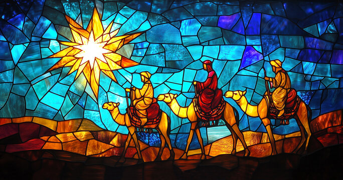 Stained Glass Window of Three Wise Kings on Camels Following the Star of Bethlehem