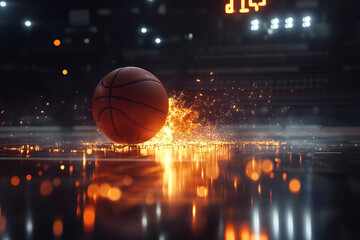Obraz premium Dynamic basketball on fire with sparks on a professional court, reflecting on the shiny floor with scoreboard in the background, concept of action and power in sports