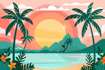 Scenic tropical beach featuring swaying palm trees and the sparkling ocean. Tropical island landscape at sunset. Flat modern illustration style.