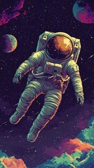 Fototapeta premium A 2D pixel art illustration of an astronaut drifting in space with retro gaming aesthetic, beautifully pixelated with vibrant colors, detailed and charming background