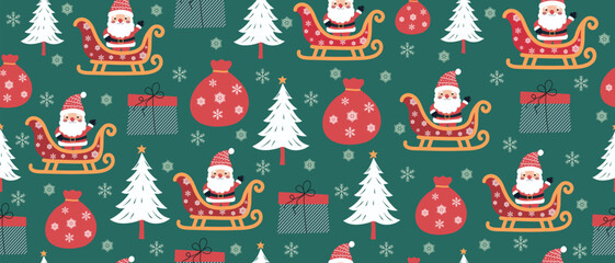 Christmas seamless pattern with Santa Claus, Christmas tree and gifts on a green background. Happy New Year pattern.