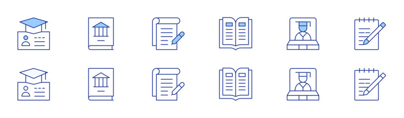 Education icon set in two styles, Duotone and Thin Line style. Editable stroke. book, online education, note, visa, education, conspectus