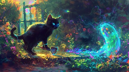 A black cat playing with a Shovel in front of an iridescent ghost, with a...