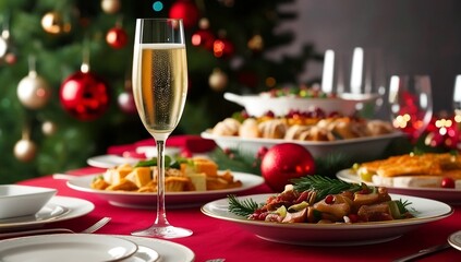 Fototapeta premium Elegant Christmas Dining Table, Christmas Festive table, Christmas Dinner, Food buffet for the holidays, holiday background. Christmas and New Year celebration, created with generative ai