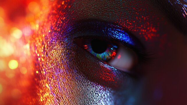 Enigmatic Gaze of LGBTQ+ Person, Eye in Focus with Glittering Skin and Blue-Green Iris, Dramatic Light