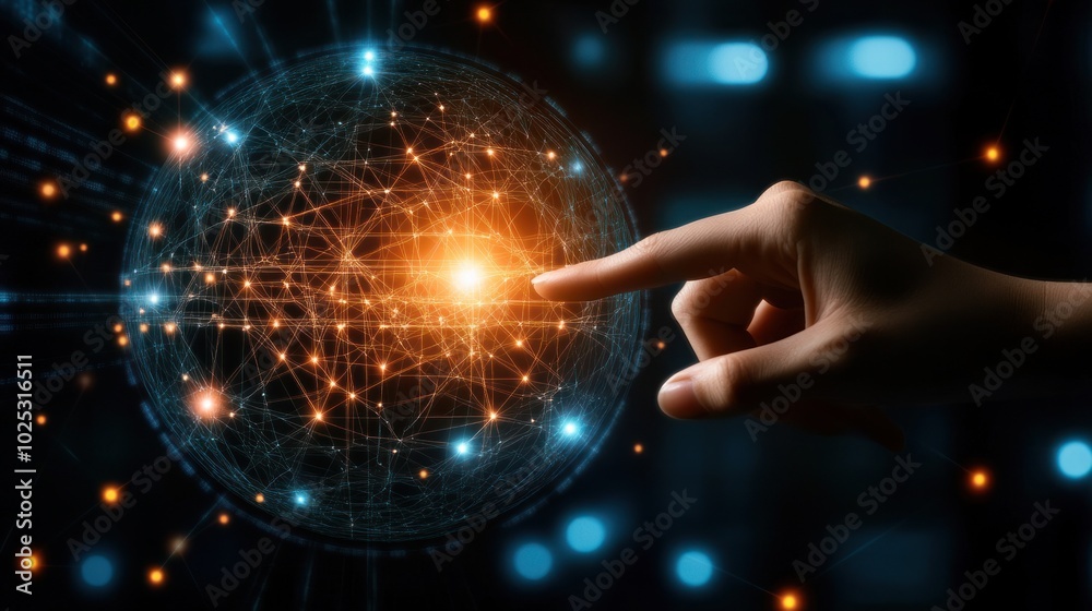 Aufkleber hand interacting with a glowing networked globe