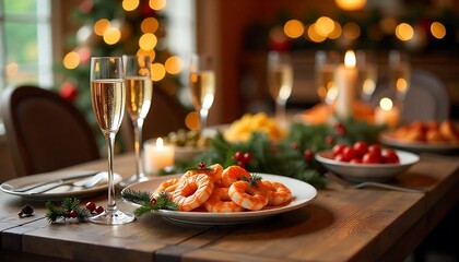 Fototapeta premium Elegant Christmas Dining Table, Christmas Festive table, Christmas Dinner, Food buffet for the holidays, holiday background. Christmas and New Year celebration, created with generative ai