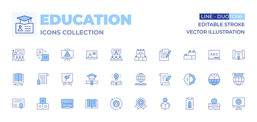 Education icons collection. Line Duotone style, editable stroke. blocks, artificial intelligence, online learning, blackboard, knowledge, video, education, diploma, world