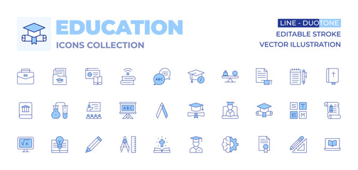 Education icons collection. Line Duotone style, editable stroke. mortarboard, brain, ancient scroll, bible, online learning, mass, internship, diary, stem, pencil and ruler, file