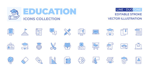 Education icons collection. Line Duotone style, editable stroke. tools, scissors, qa, globe, employee, data processing, online education, marker, tasks, goal, eraser, education