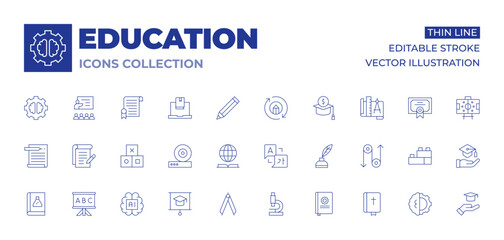 Education icons collection. Thin Line icons, editable stroke. blocks, artificial intelligence, microscope, language, bible, knowledge, pulley, precision, write, thesis, friction, education