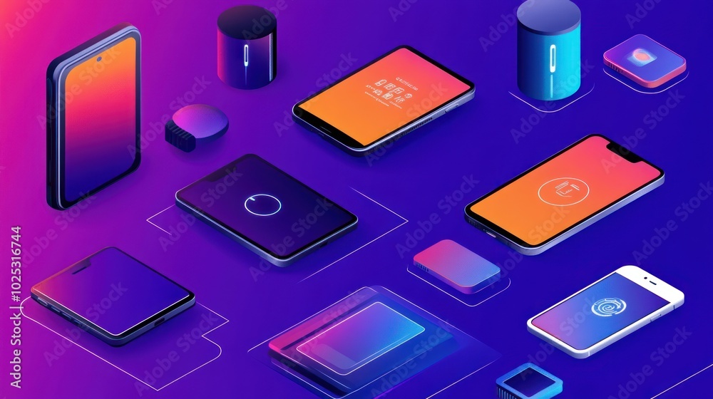 Poster isometric view of smart devices on a purple background