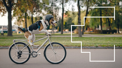 Fototapeta premium Funny dog in black and white riding a silver bicycle in a park. 