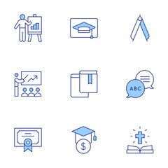 Education icons set. Line Duotone style, editable stroke. presentation, certificate, books, bible, online education, loan, linguistics, training, precision