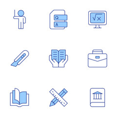 Education icons set. Line Duotone style, editable stroke. utility-knife, open book, lecturer, maths, history book, career, training, question, pencil