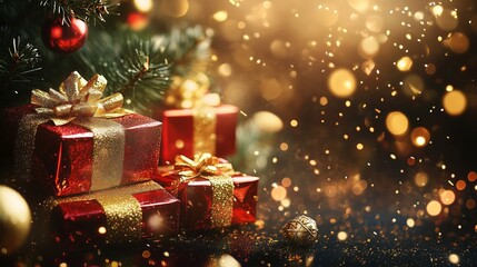 A Festive Display of Christmas Gifts and Glittering Lights
