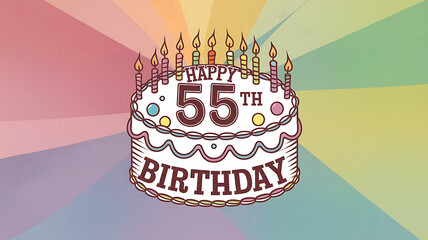 White birthday cake with brown candles on a colorful background, celebrating a 55th birthday. 
