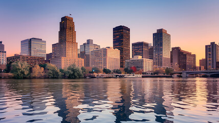 Fototapeta premium Cityscape with golden hour light, reflecting in water, urban architecture, calm and peaceful. 