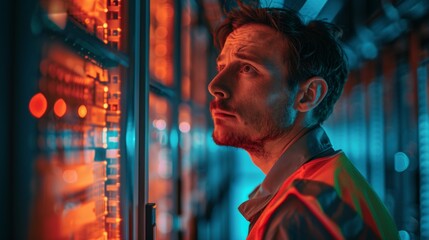 Technician reflecting in a dim server room, using a tablet for IT maintenance and app checks. Focused on cybersecurity, inspections, and data analysis