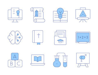 Education icons. Line Duotone style, editable stroke. blackboard, ancient scroll, bible, online learning, knowledge, brain, abc block, online education, chemical, sex education, folder, presentation