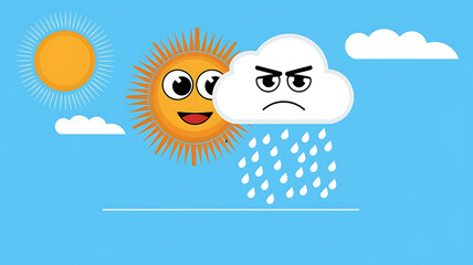 Smiling yellow sun and frowning white cloud with raindrops, cartoon style, weather forecast, blue sky background. 
