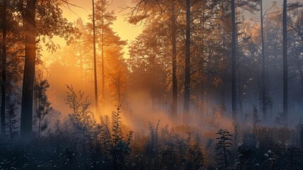 Fototapeta premium Hyper-realistic capture of a misty forest at sunrise, golden light, crisp detail,