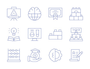 Education icons. Thin Line style, editable stroke. certificate, blocks, artificial intelligence, classroom, knowledge, writing, abacus, world, test tube, scholarship, presentation, construction