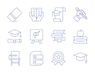 Education icons. Thin Line style, editable stroke. graduation, books, awards, pencil, mortarboard, knowledge, training, sex education, question, eraser, education, desk