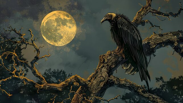 A black vulture perched on an old, dead tree, with a full moon in the...