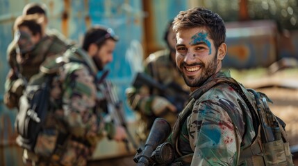 Fototapeta premium Portrait of a cheerful player ready for paintball battle, showcasing excitement and determination in a simulated military challenge or conflict