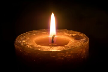 A candle burning in the darkness, casting an ethereal glow on its...