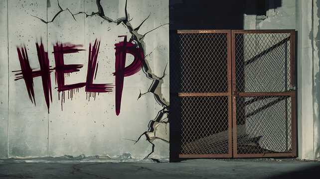Distressed red graffiti on a cracked wall and rusty gate, conveying a sense of urgency and despair. 
