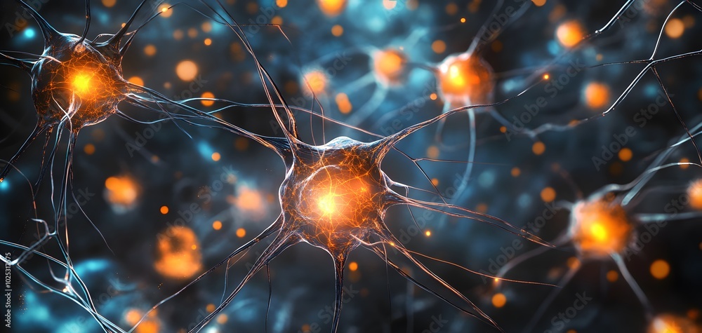 Poster an abstract representation of neurons with glowing synapses, illustrating complex neural connections