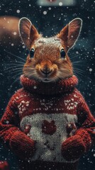 The adorable squirrel, donning a knitted festive sweater, looks cheerfully at the viewer amidst falling snowflakes on a winter night