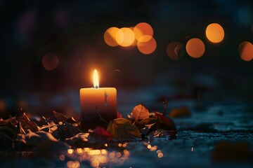 A single candle flame flickering against the darkness, casting an ethereal...