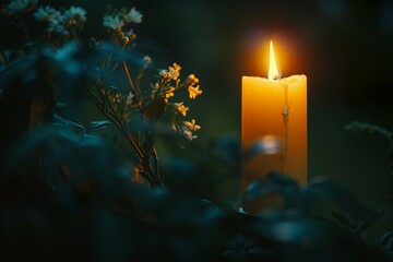 A single candle flame flickering against the darkness, casting an ethereal...