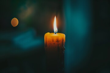 A single candle flame flickering against the darkness, casting an ethereal...